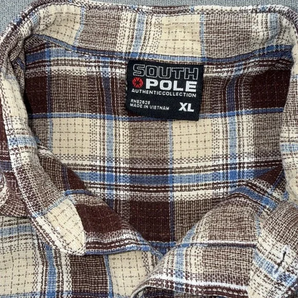 Vtg SouthPole Shirt Mens XL Brown Plaid Flannel Button Down 90s Y2K Hip Hop - Picture 5 of 9